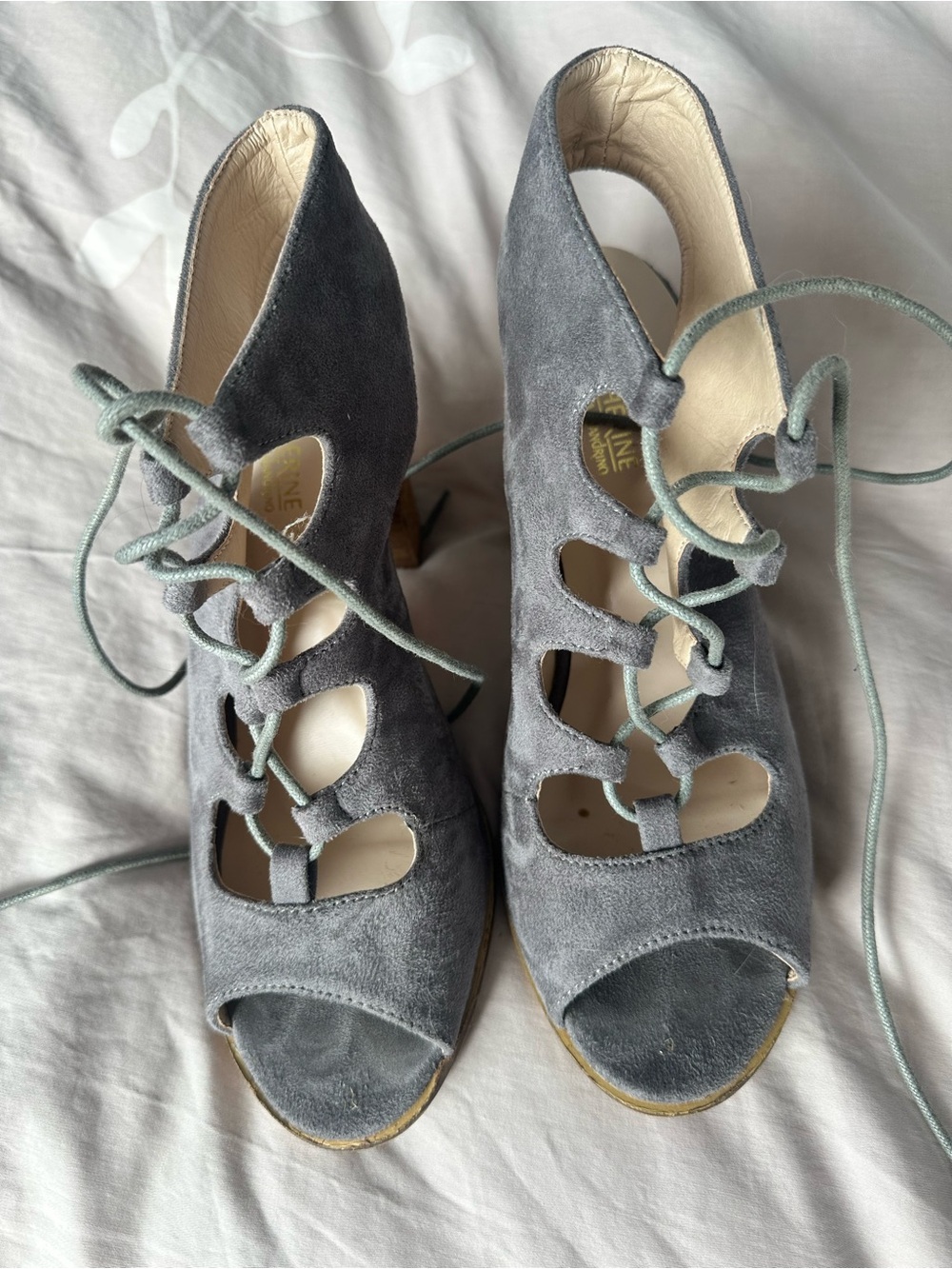 Catherine Malandrino Gray Faux Suede Lace-Up Peep-Toe Heels